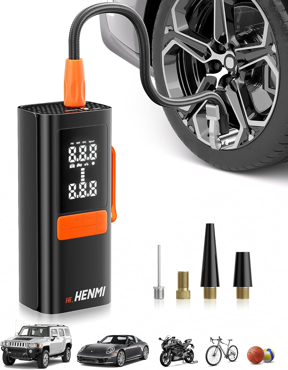 akku-luftpumpe-auto-296isz-1.jpg HENMI Elektrische Luftpumpe, Akku Luftpumpe Auto mit alle ventile (10,3 11,7 Bar), 7500 18000 mAh Fahrradpumpe Elektrisch mit Digitalanzeige Manometer ... – Bild 1