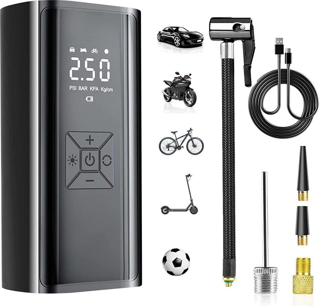 elektrische-luftpumpe-fahrrad-978whf-1.jpg Elektrische Luftpumpe mit 6000mAh Akku, 150PSI Elektrischer Kompressor Tragbar Fahrradpumpe mit Digitalem LCD Display/LED Licht, Reifenpumpe – Bild 1