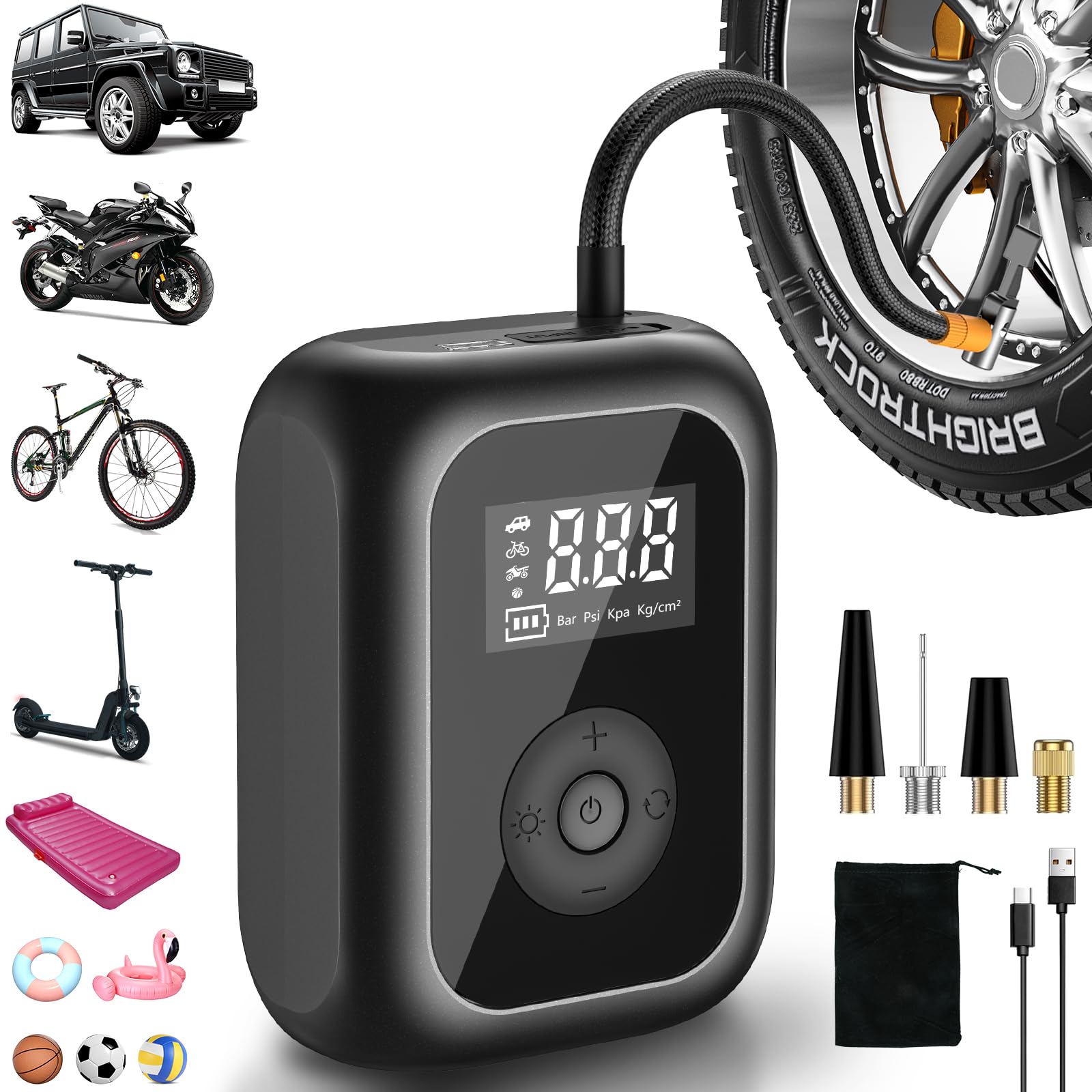 fahrrad-luftpumpe-elektrisch-078npw-1.jpg Elektrische Luftpumpe 6000mAh, Fahrradpumpe Mini Kompressor für Reifen 10,3 bar, Kabelloser Tragbare Akku Luftpumpe mit Autostop, 150PSI Akku Luftpumpe für Auto Fahrrad Motorrad Bälle : Amazon.de: Auto & Motorrad – Bild 1