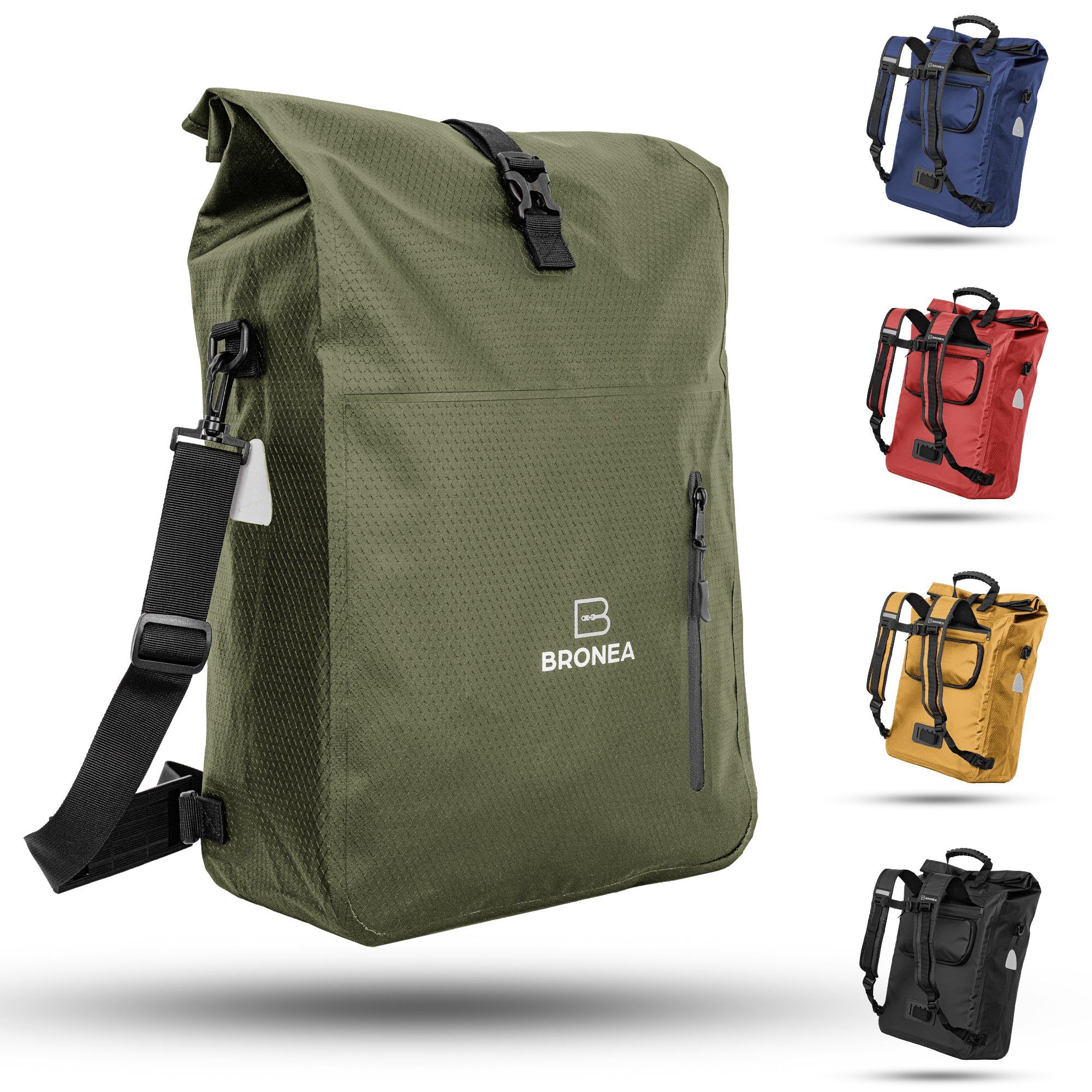 fahrrad-tasche-rucksack-214upu-1.jpg Bronea Fahrradtasche 3 in 1 Wasserdicht 28L GRÜN Kombi Rucksack & Umhängetasche (Schnellmontage an Gepäckträger, integrierte Laptoptasche), Diamond Struktur Laptoptasche 100% Wasserdicht Reflektierende Elemente – Bild 1