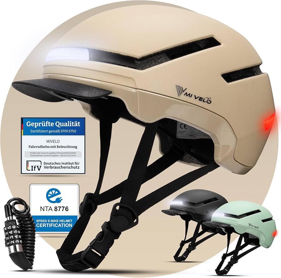 fahrradhelm-frauen-688anr-1.jpg MIVELO Fahrradhelm Damen Herren Erwachsene mit Licht inkl. Helmschloss, NTA Zertifiziert bis 45km/h, Helm geeignet für E Bike & S Pedelec, Radhelm Ultraleicht & sicher, Unisex (Beige, M (54 58cm)) : Amazon.de: Sport & Freizeit – Bild 1