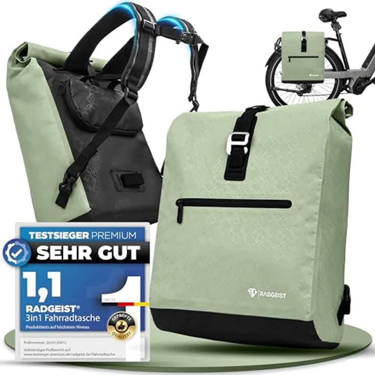 fahrradtasche-gepaecktraeger-wasserdicht-262zeb.webp RADGEIST Fahrradtasche für Gepäckträger, 20L Rucksack & Umhängetasche in Mint, wasserdicht, mit Laptopfach, für Damen & Herren: Tests, Infos & Preisvergleich – Bild 1