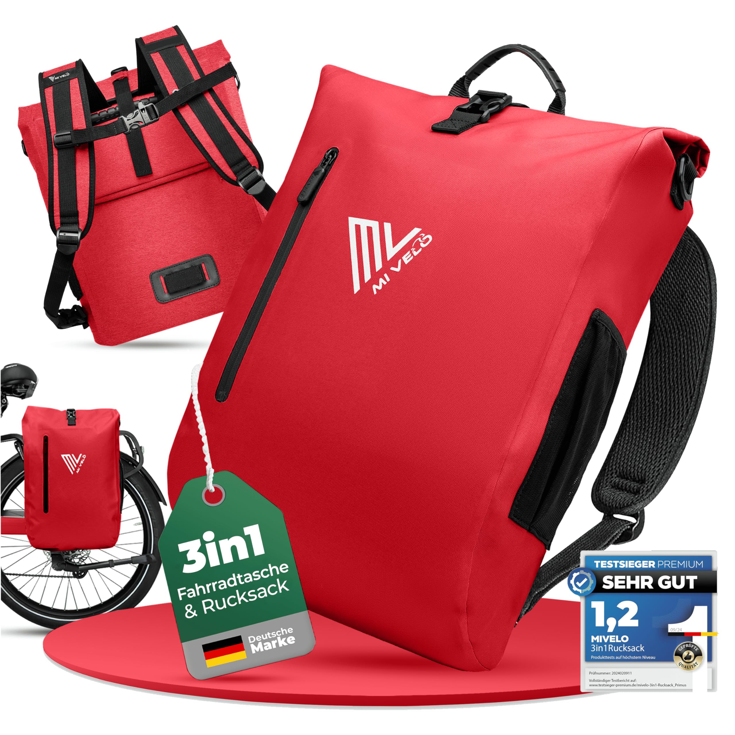 mivelo-fahrradtasche-380skd-1.jpg MIVELO 3in1 Fahrradtasche für Gepäckträger, 100% wasserdicht & PVC frei, Fahrradtasche Rucksack & Umhängetasche, Fahrrad Tasche Gepäckträgertasche (Rot, 20L) : Amazon.de: Sport & Freizeit – Bild 1